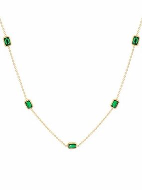 18K Gold Plated Emerald Green Stone Stations Necklace